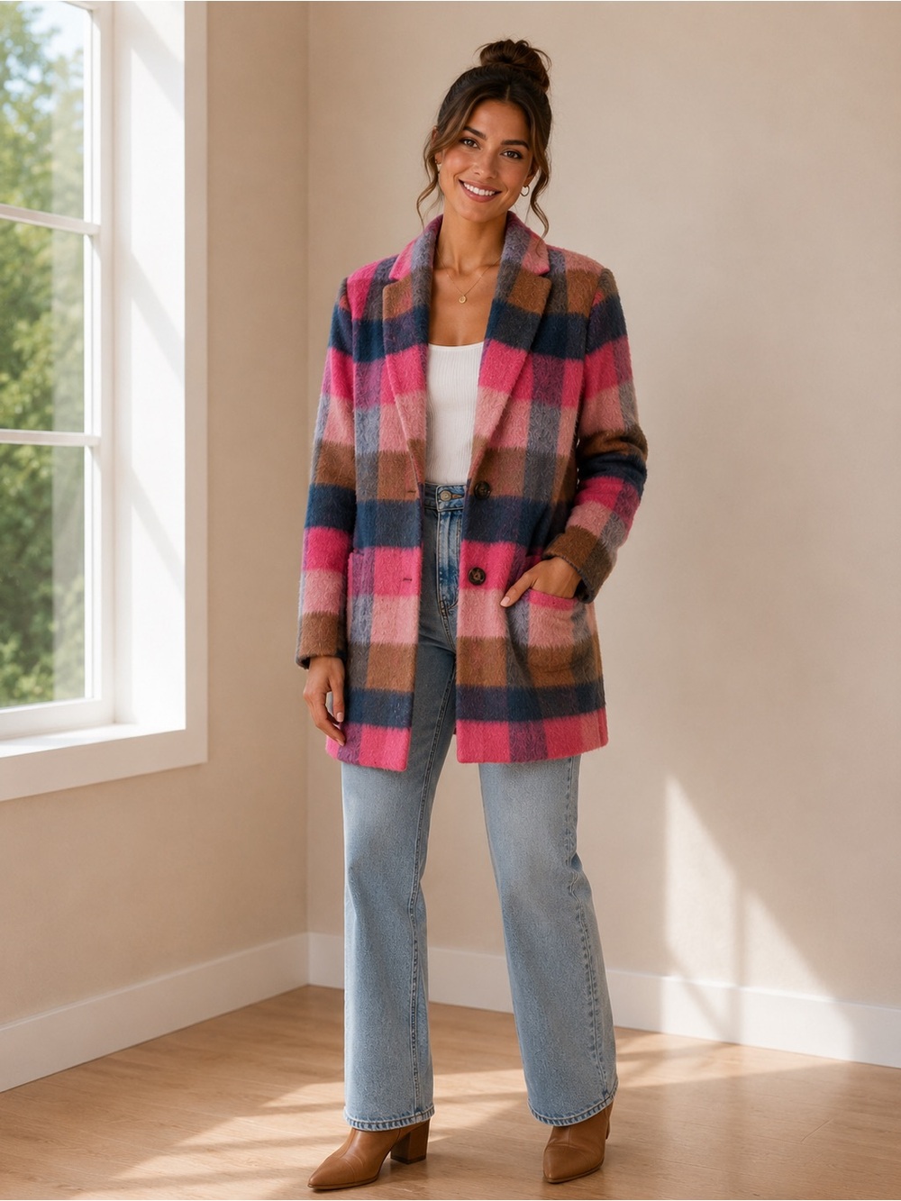 Ann Taylor Pink Navy Brown Plaid Blazer Coat